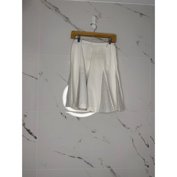 Y2k White Denim A-line Knee Length Skirt With Perforated Leather Insets Classic - Picture 1 of 6